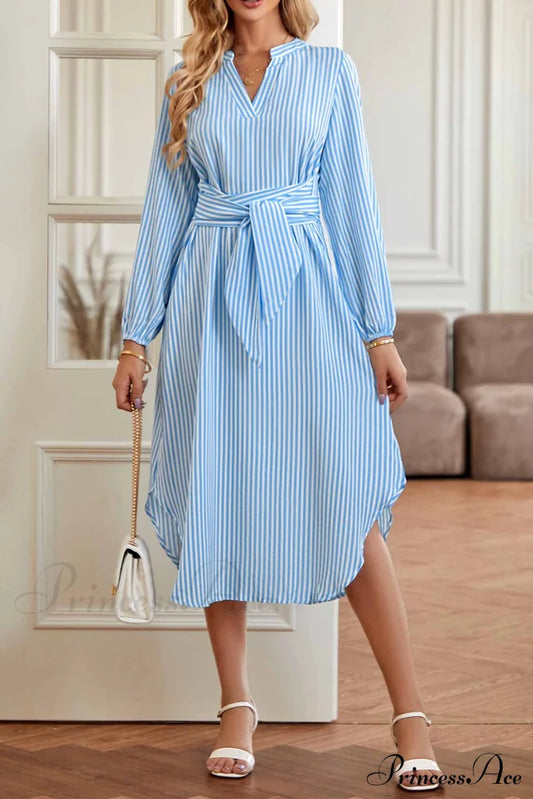 Striped V Neck Tie Waist Long Sleeve Midi Dress Blue / S Dresses