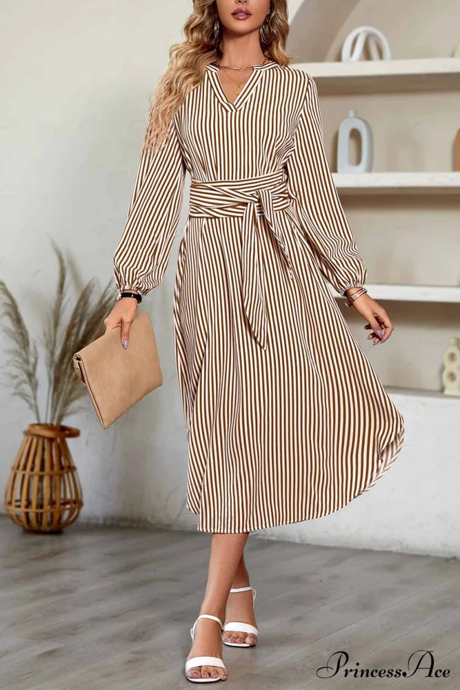 Striped V Neck Tie Waist Long Sleeve Midi Dress Coffee / L Dresses