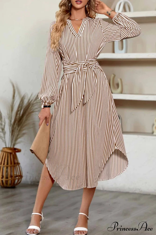 Striped V Neck Tie Waist Long Sleeve Midi Dress Coffee / M Dresses