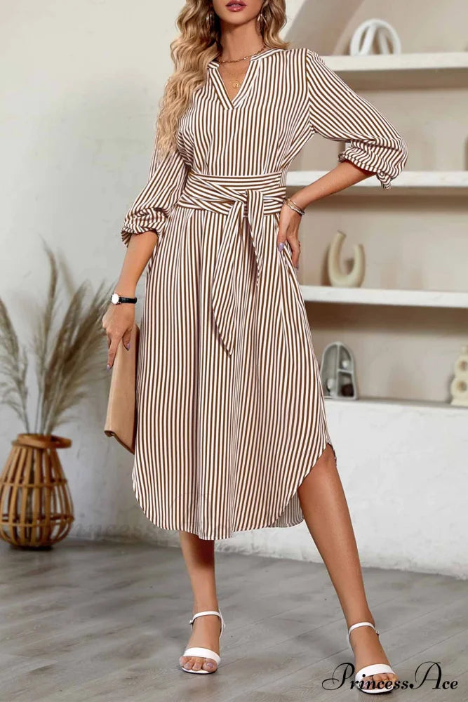 Striped V Neck Tie Waist Long Sleeve Midi Dress Coffee / S Dresses