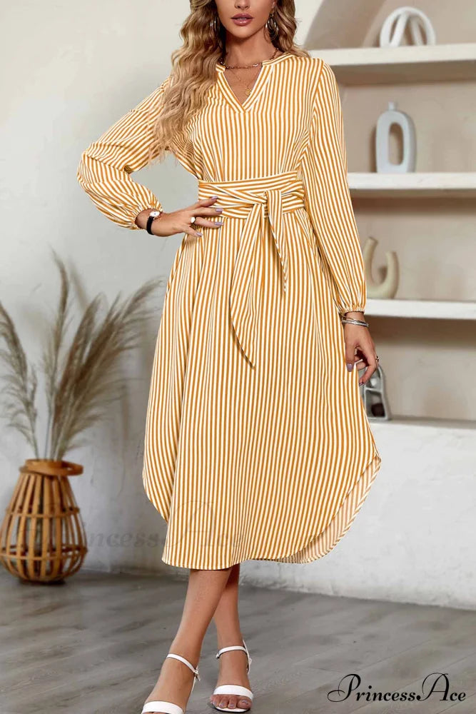 Striped V Neck Tie Waist Long Sleeve Midi Dress Yellow / L Dresses