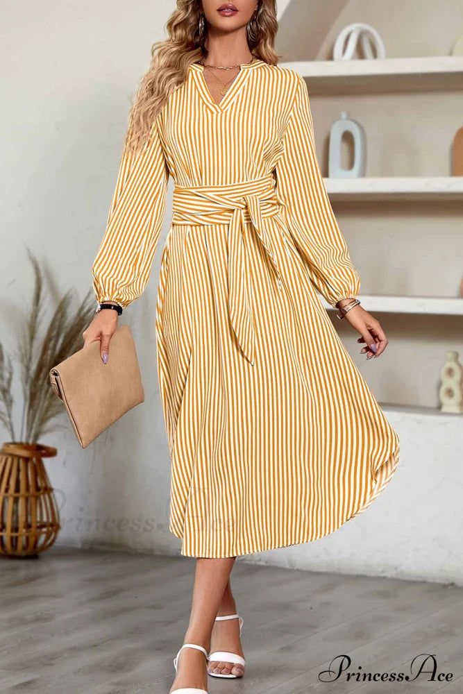 Striped V Neck Tie Waist Long Sleeve Midi Dress Yellow / M Dresses