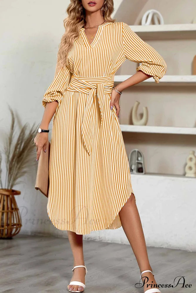 Striped V Neck Tie Waist Long Sleeve Midi Dress Yellow / S Dresses