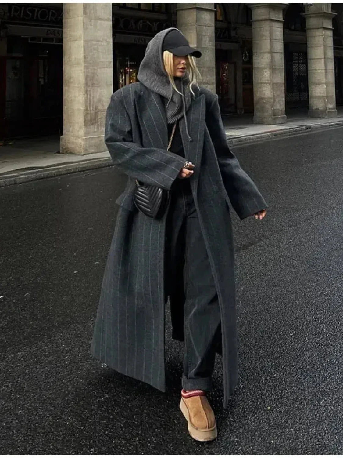 Striped Vintage Loose Lapel Woolen Overcoat