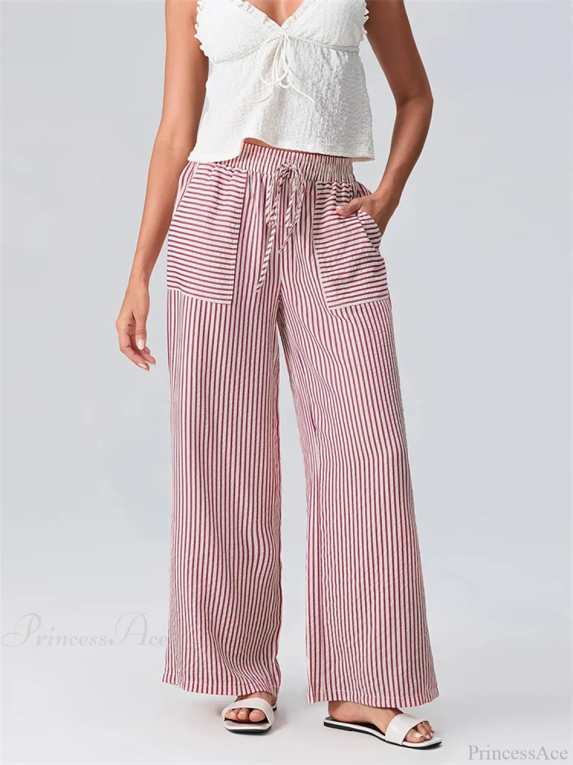 Striped Wide Leg Elastic Waist Loose Street Pant PINK / S pant-250223