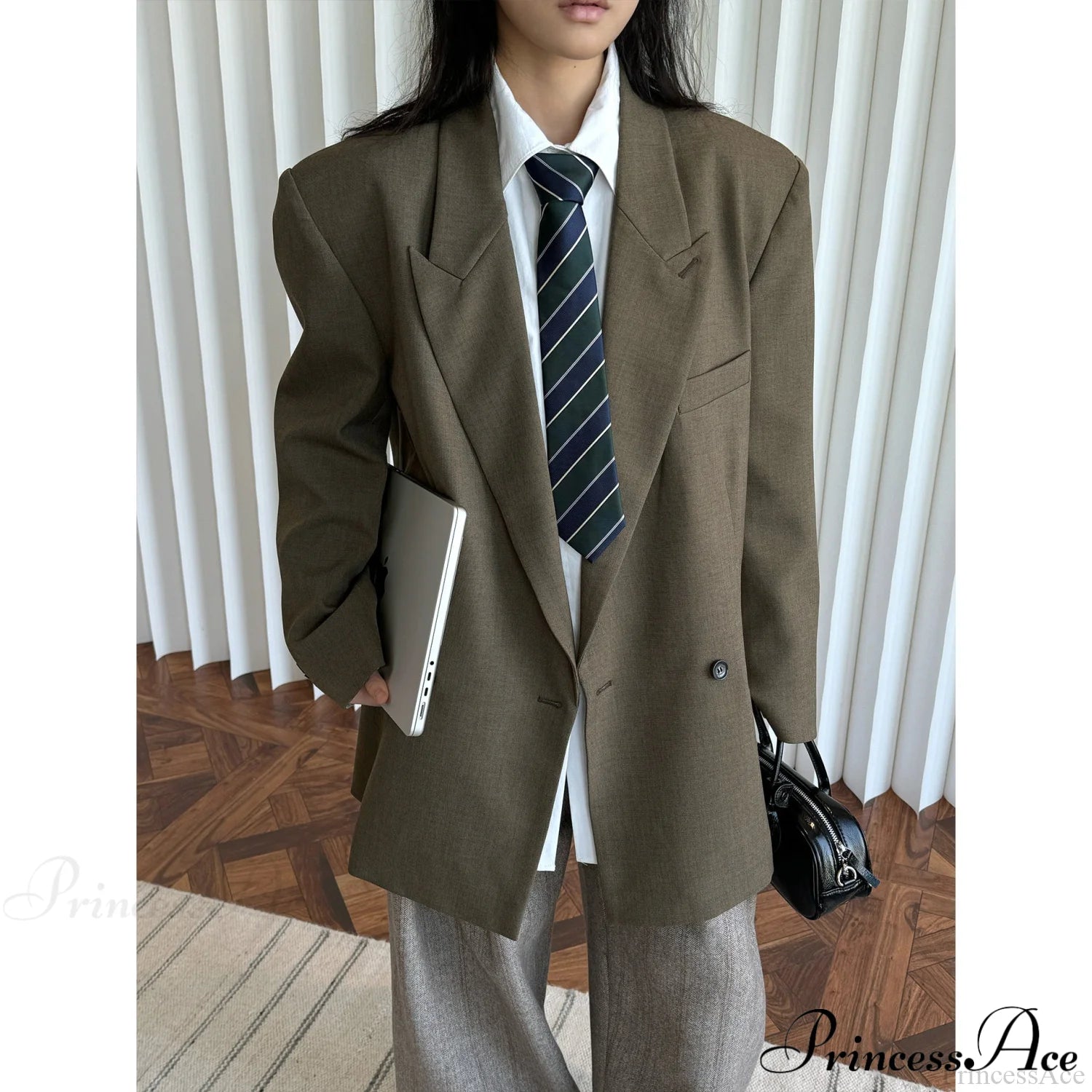 Structured Wide Shoulder Blazer Green / S