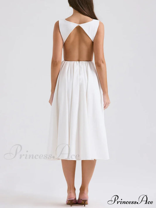 Stylish And Elegant Solid Color Trendy Round Neck Backless Sleeveless Midi Dress Dresses