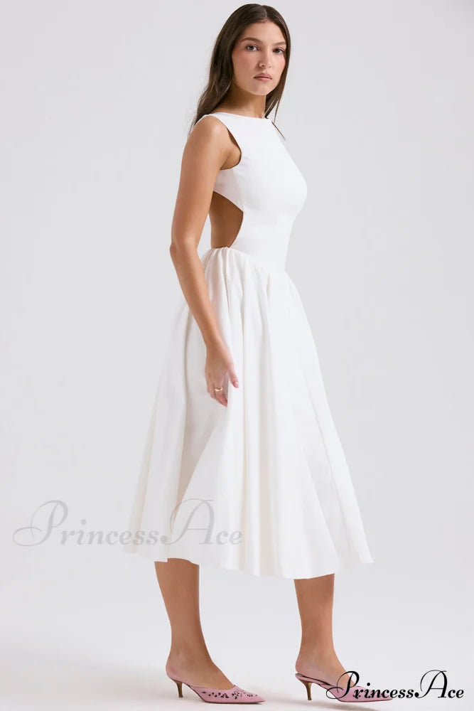 Stylish And Elegant Solid Color Trendy Round Neck Backless Sleeveless Midi Dress Dresses