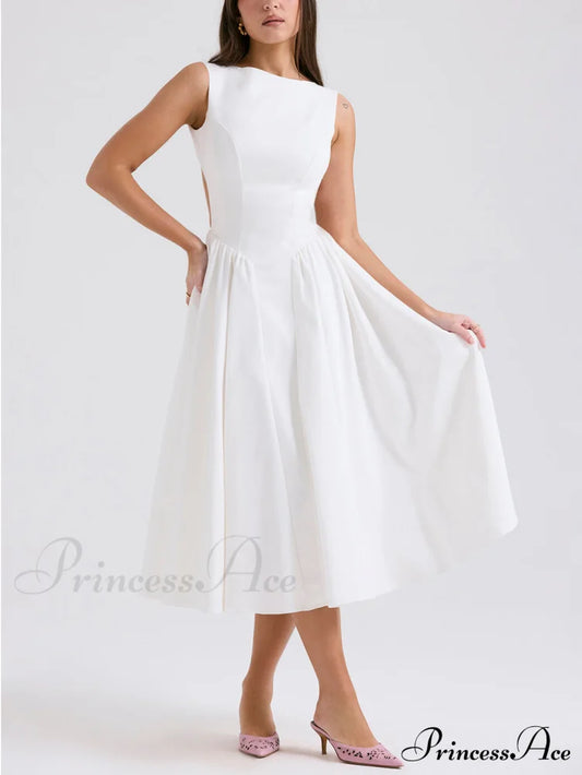 Stylish And Elegant Solid Color Trendy Round Neck Backless Sleeveless Midi Dress White / S Dresses