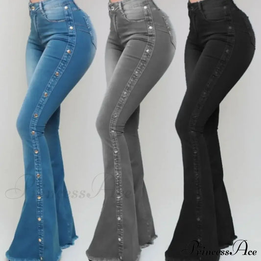 Stylish Flare Control Tummy Skin-Touch Skinny Women Wide Leg Denim Trousers Jeans