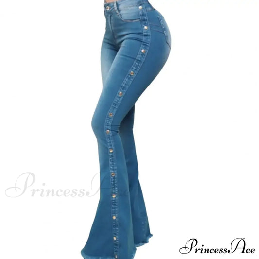 Stylish Flare Control Tummy Skin-Touch Skinny Women Wide Leg Denim Trousers Jeans Blue / S