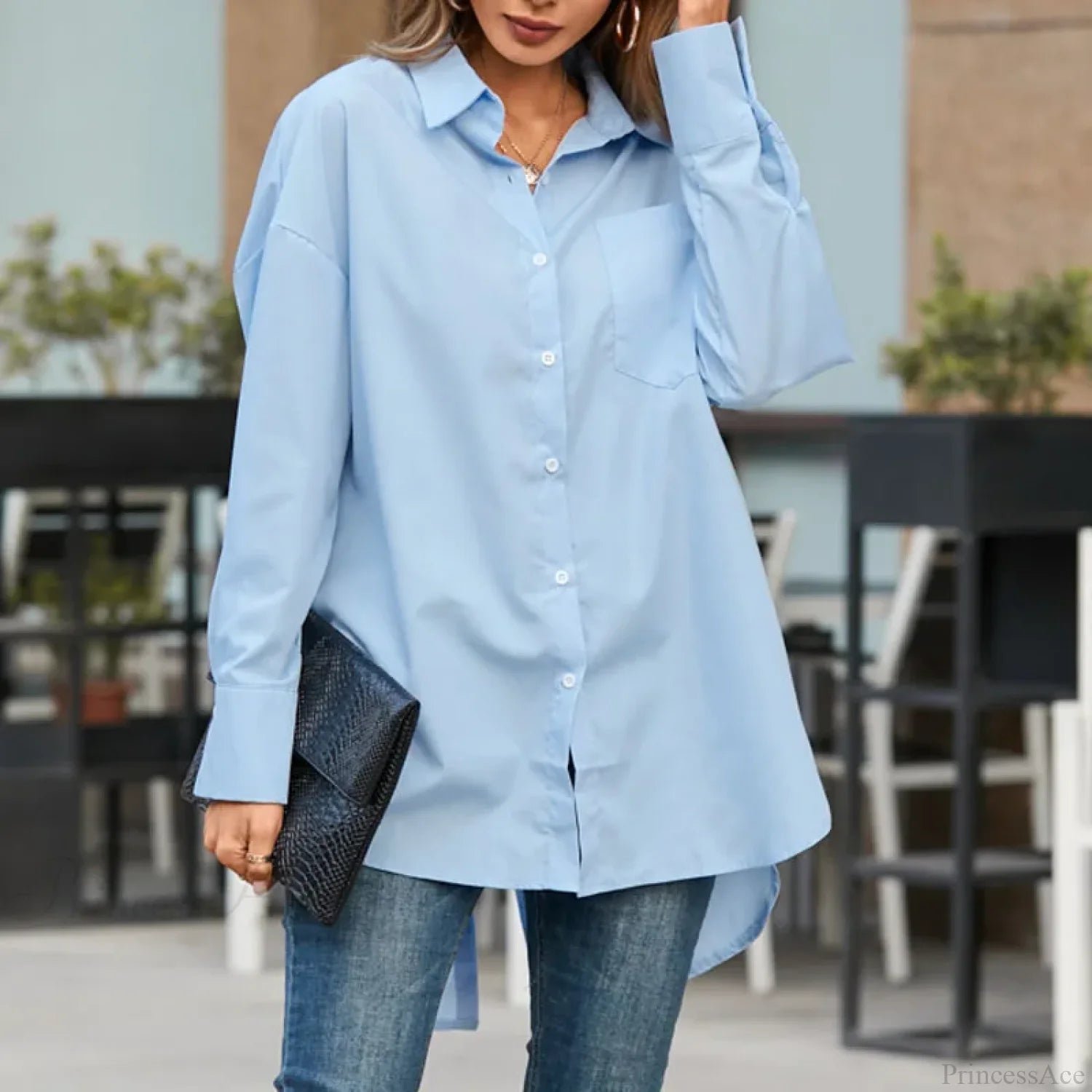Stylish Lapel Solid Asymmetrical Blouse Light Blue / S blouse-250126