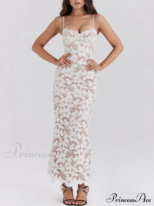 Stylish Sexy Lace Charming Halter See-Through Midi Dress Dresses