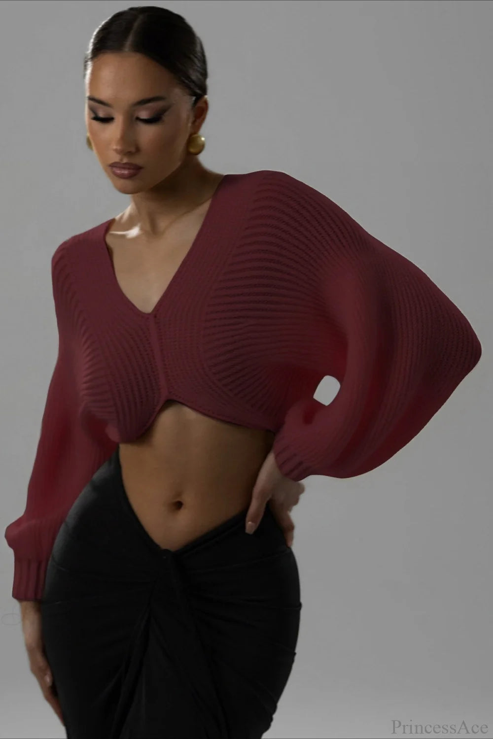 Stylish Sexy V-neck Cropped Sweater Burgundy / XS