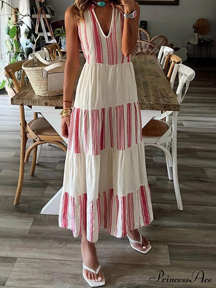 Stylish Striped Printed Charming V-Neck Sleeveless Midi Dress Dresses