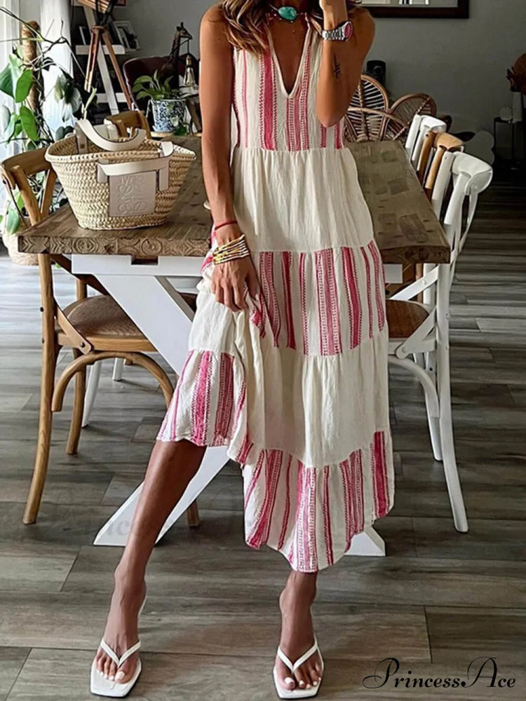 Stylish Striped Printed Charming V-Neck Sleeveless Midi Dress White / S Dresses