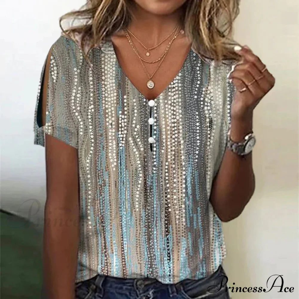 Stylish V-Neck Buttoned Tee Blouses