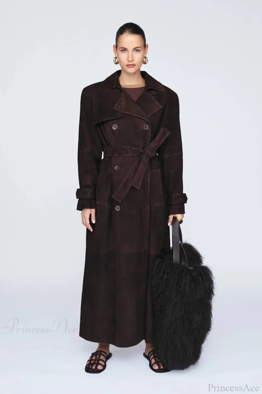 Suede Leather Chocolate Belted Overcoat Dark brown / S