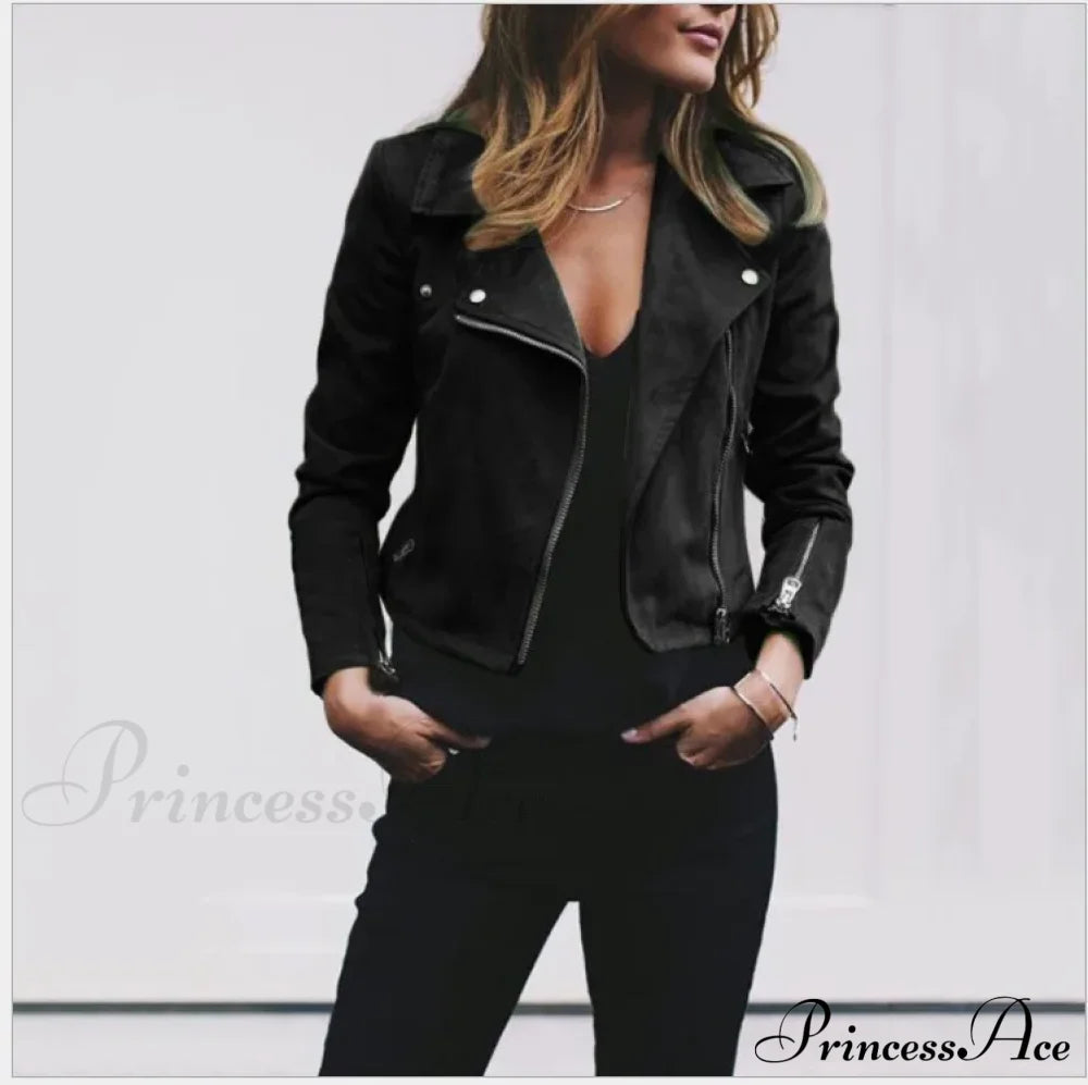 Suede Leather Cropped Autumn Winter Turn-Down Slim Fit Casual Fashion Jacket Black / S