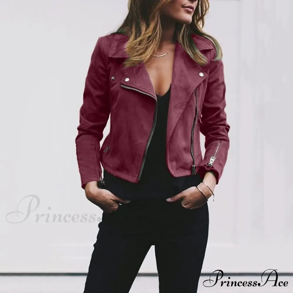 Suede Leather Cropped Autumn Winter Turn-Down Slim Fit Casual Fashion Jacket Wine / S