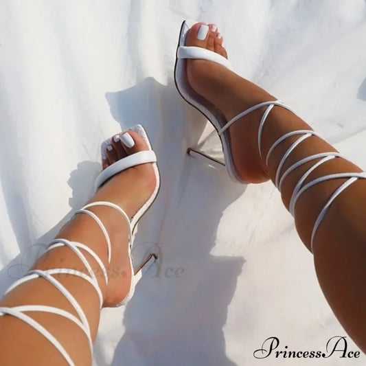 Summer Ankle Strap Sandals Lace-Up High Heels Sexy Party Thin Plus Size Women’s Shoes Heel White