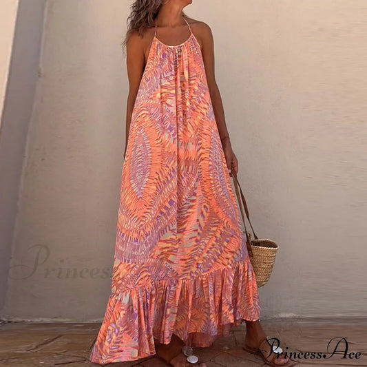 Summer Beach Lady Long Casual Loose Sleeveless Boho Dress Orange / S