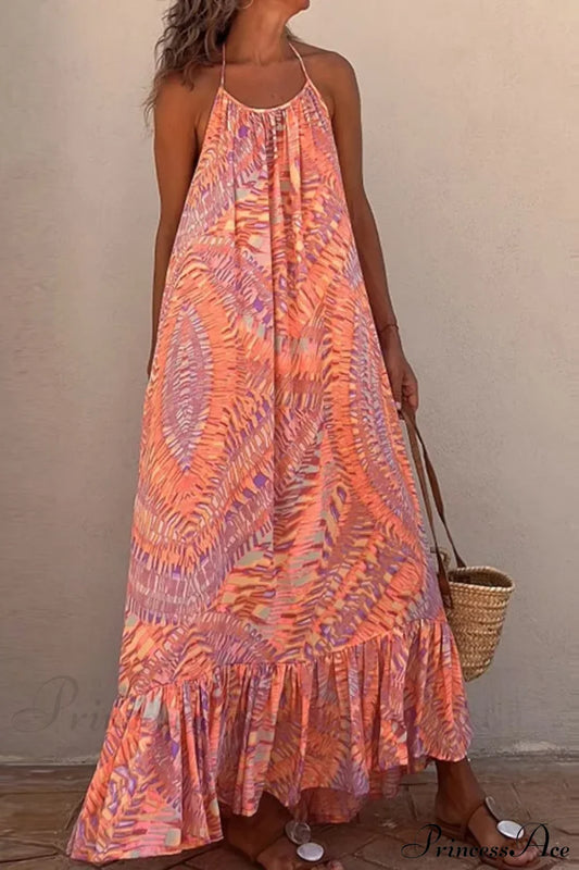 Summer Beach Lady Long Casual Loose Sleeveless Boho Dress Orange / S