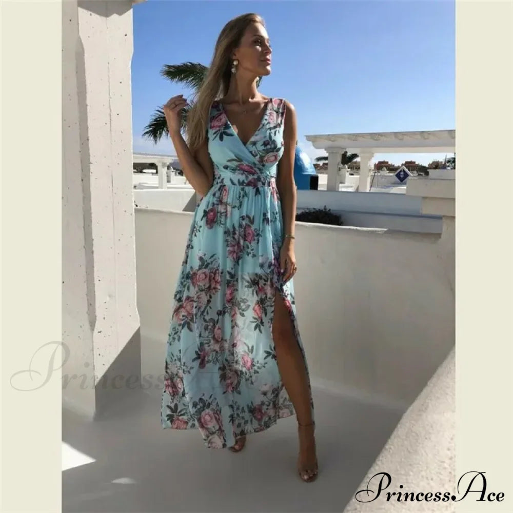 Summer Beach Party Sleeveless V-Neck Floral Long Boho Dress