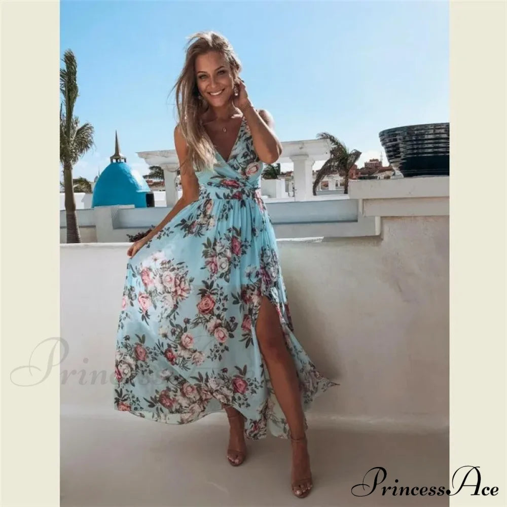 Summer Beach Party Sleeveless V-Neck Floral Long Boho Dress Sky Blue / S