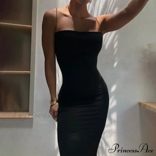 Summer Black Spaghetti Strap Backless Solid Sleeveless Elegant Party Bodycon Dress