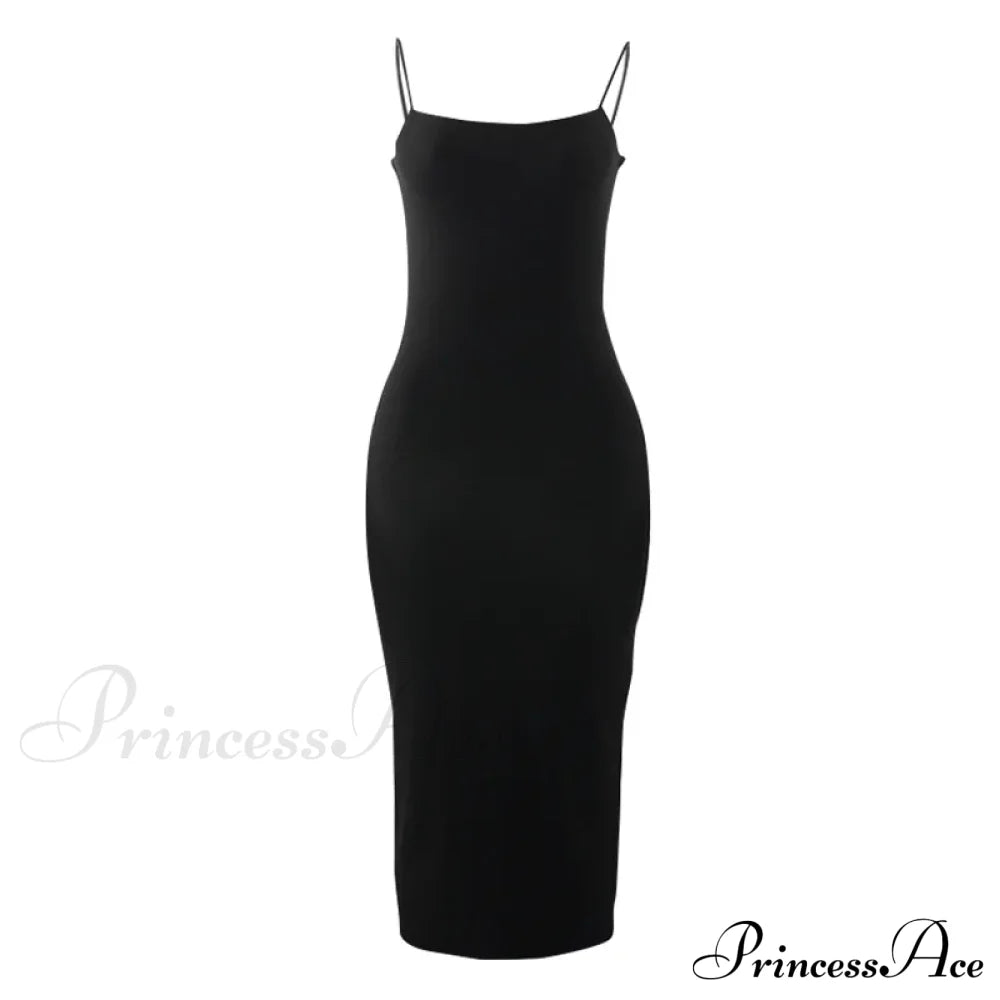 Summer Black Spaghetti Strap Backless Solid Sleeveless Elegant Party Bodycon Dress