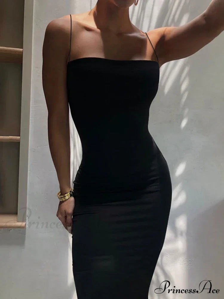 Summer Black Spaghetti Strap Backless Solid Sleeveless Elegant Party Bodycon Dress / S