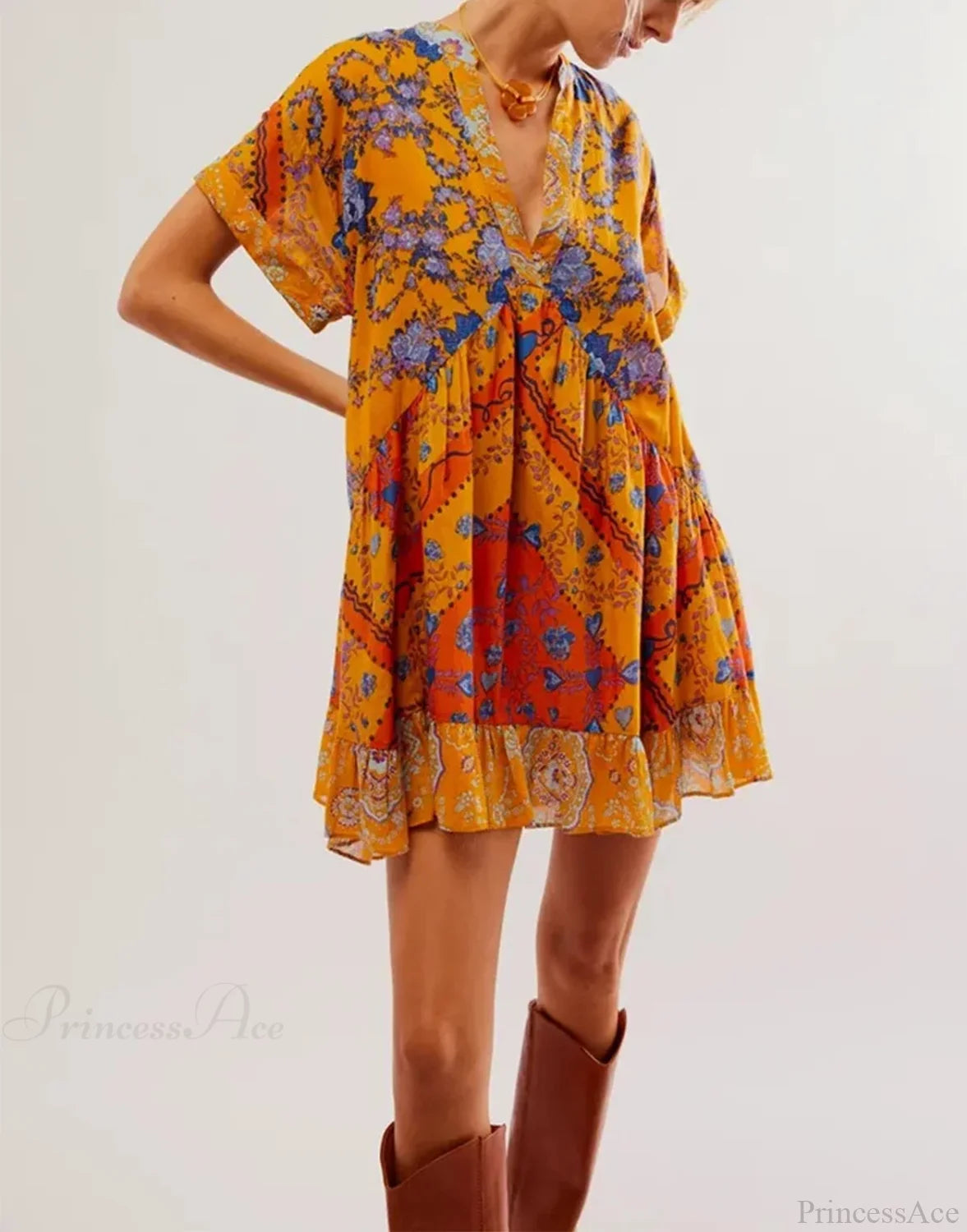 Summer Bohemian Babydoll Floral Print V-Neck Dress Fluorescein / S oldfloraldress-250126