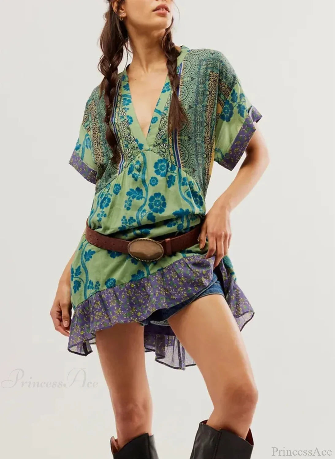 Summer Bohemian Babydoll Floral Print V-Neck Dress Green / S oldfloraldress-250126