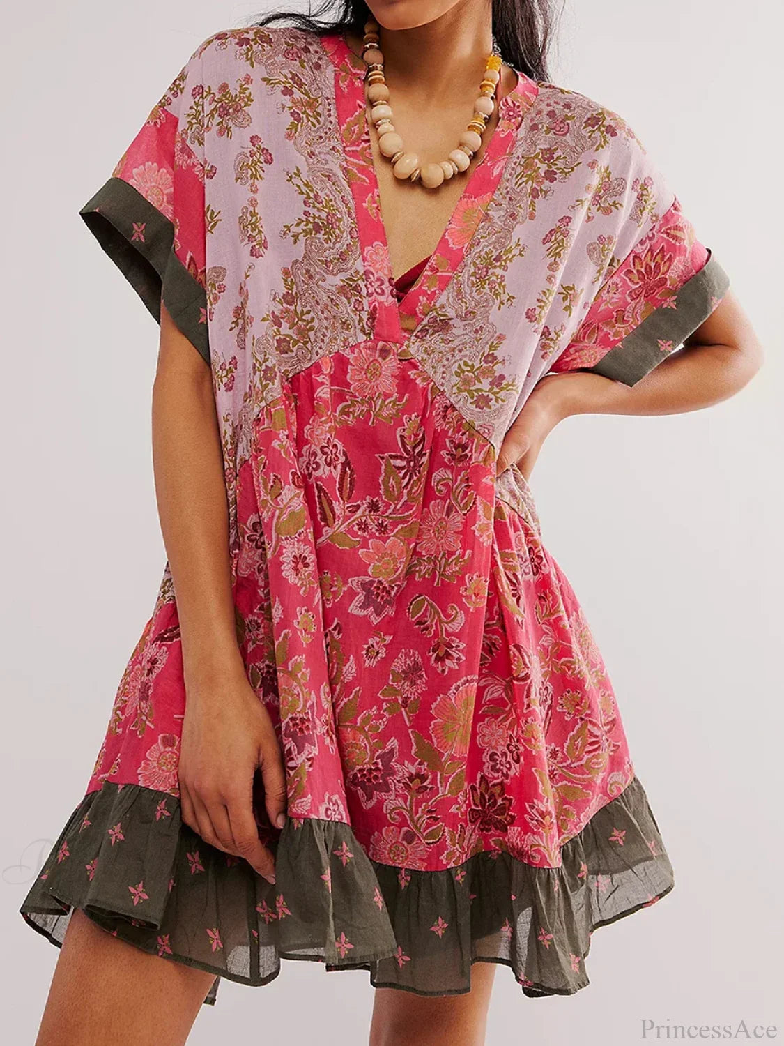 Summer Bohemian Babydoll Floral Print V-Neck Dress oldfloraldress-250126