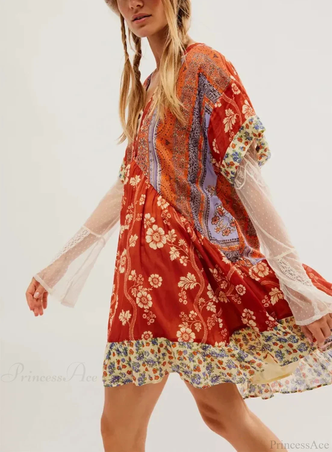 Summer Bohemian Babydoll Floral Print V-Neck Dress Watermelon red / S oldfloraldress-250126