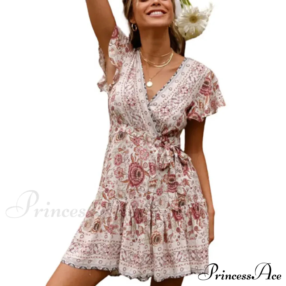 Summer Boho Floral Print Mini Wrap Beach Dress