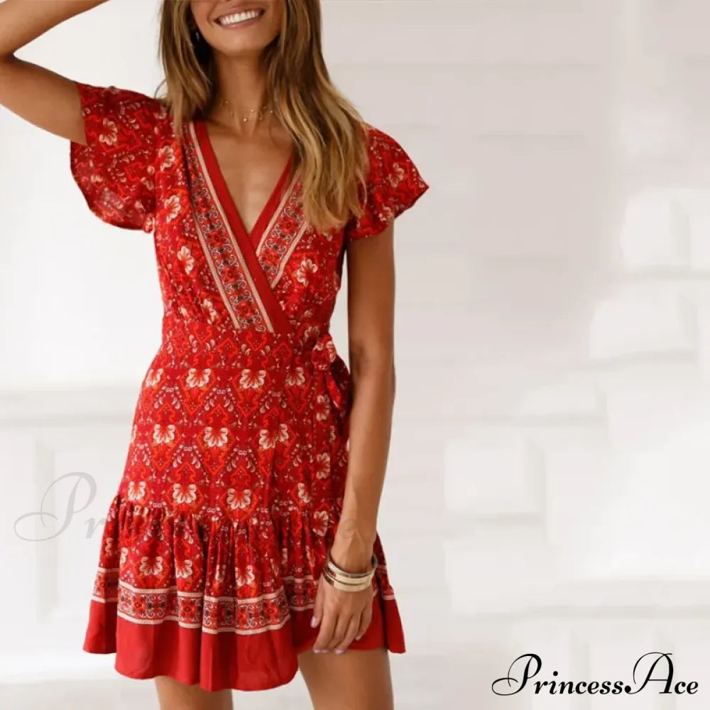 Summer Boho Floral Print Mini Wrap Beach Dress