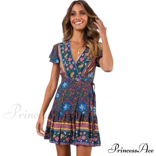 Summer Boho Floral Print Mini Wrap Beach Dress