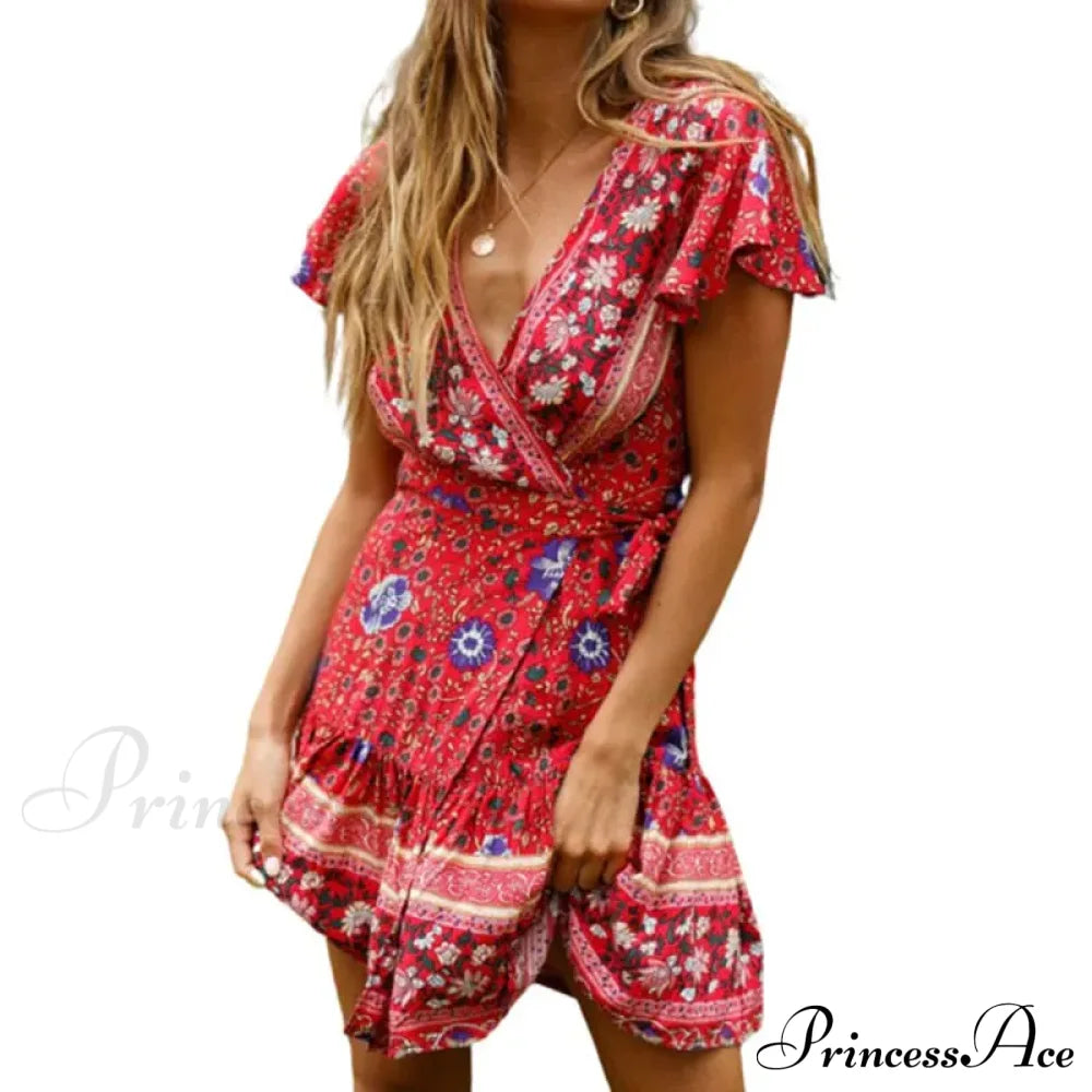 Summer Boho Floral Print Mini Wrap Beach Dress