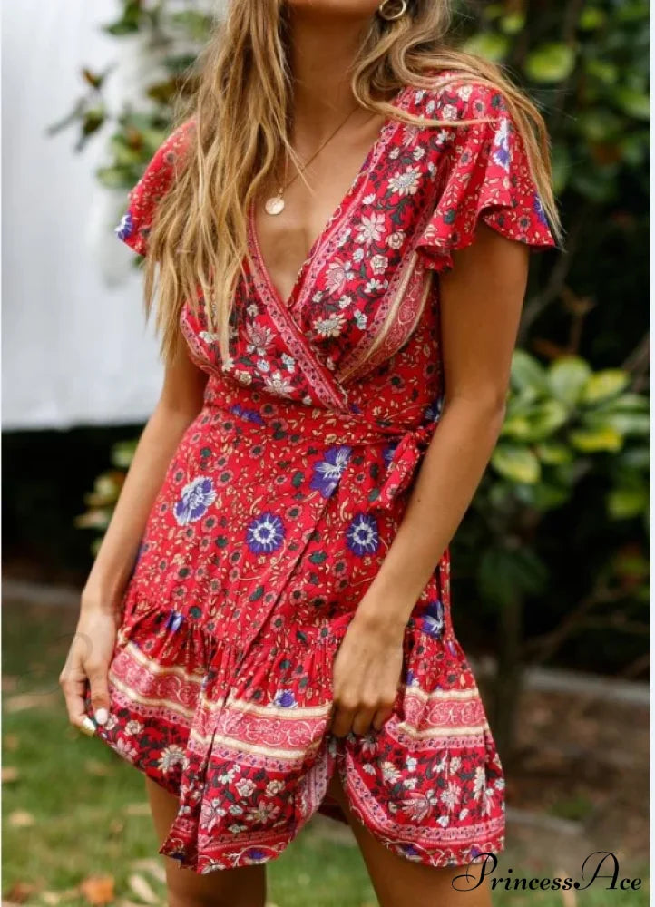 Summer Boho Floral Print Mini Wrap Beach Dress Burgundy / S