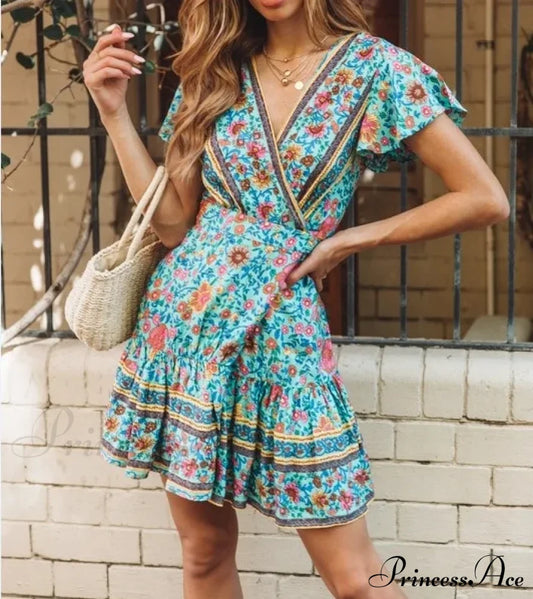 Summer Boho Floral Print Mini Wrap Beach Dress Green / S