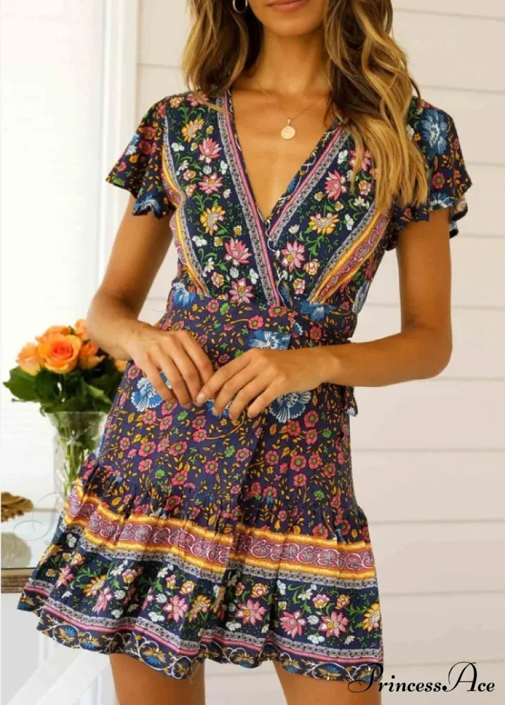 Summer Boho Floral Print Mini Wrap Beach Dress Navy Blue / S