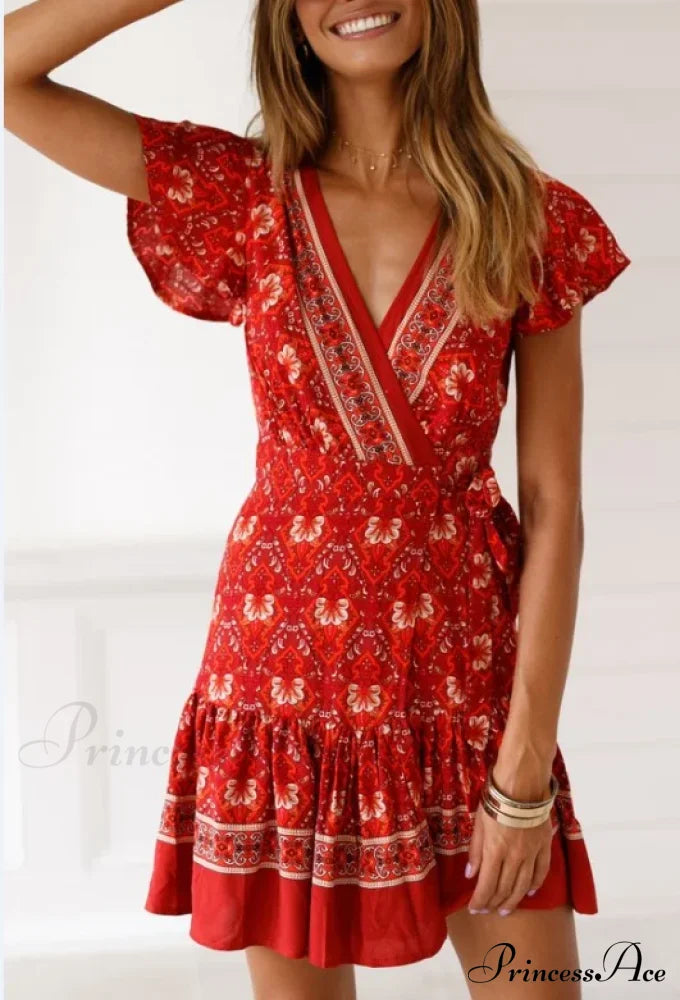 Summer Boho Floral Print Mini Wrap Beach Dress Red / S