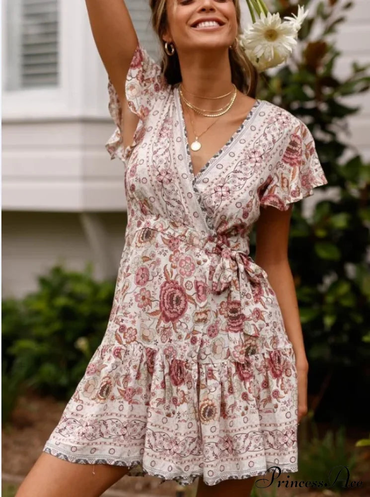 Summer Boho Floral Print Mini Wrap Beach Dress White / S