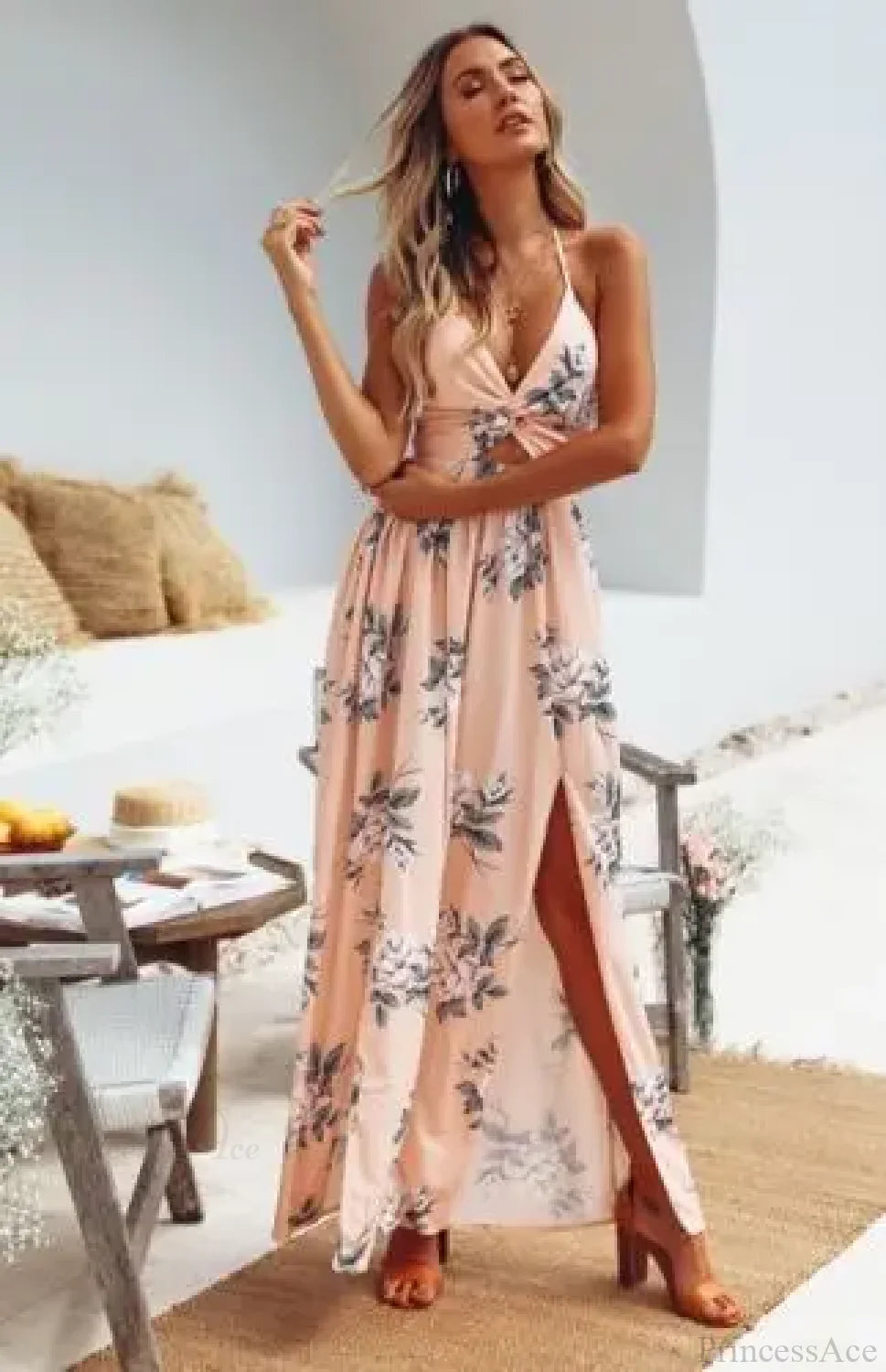 Summer Boho Maxi Halter Floral Dress Pink / S floraldress-250126