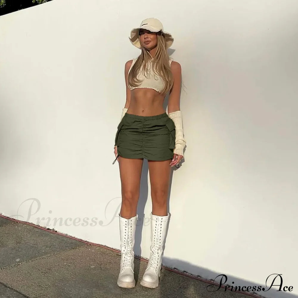 Summer Color Cargo Bodycon Pleated Mini Skirt Army Green / S