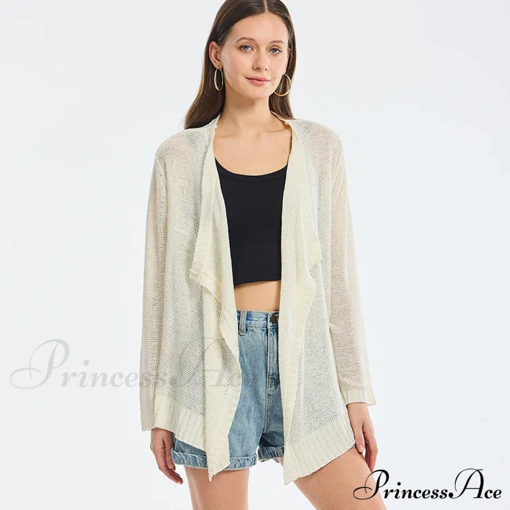 Summer Cozy Mesh Open Front Long Sleeve Comfortable Thin Fashionable Cardigan Sweater Beige / S