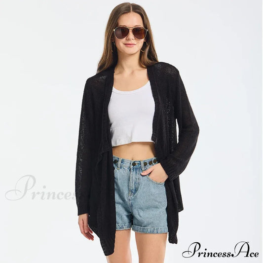 Summer Cozy Mesh Open Front Long Sleeve Comfortable Thin Fashionable Cardigan Sweater Black / S