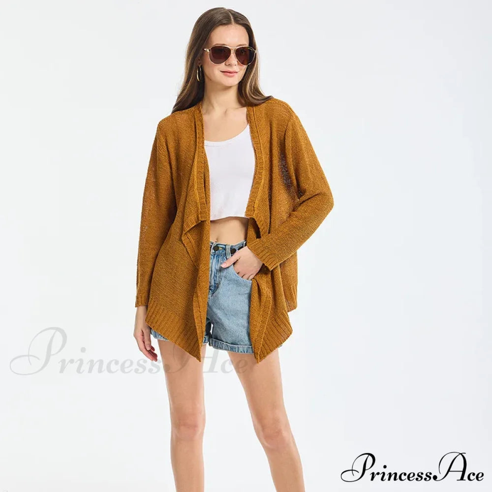 Summer Cozy Mesh Open Front Long Sleeve Comfortable Thin Fashionable Cardigan Sweater Brown / S